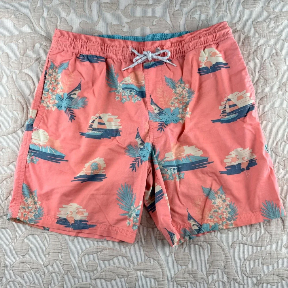 Goodfellow & Co Mens Pink Tropical Sailboat Flamingo Swim Trunks Size M